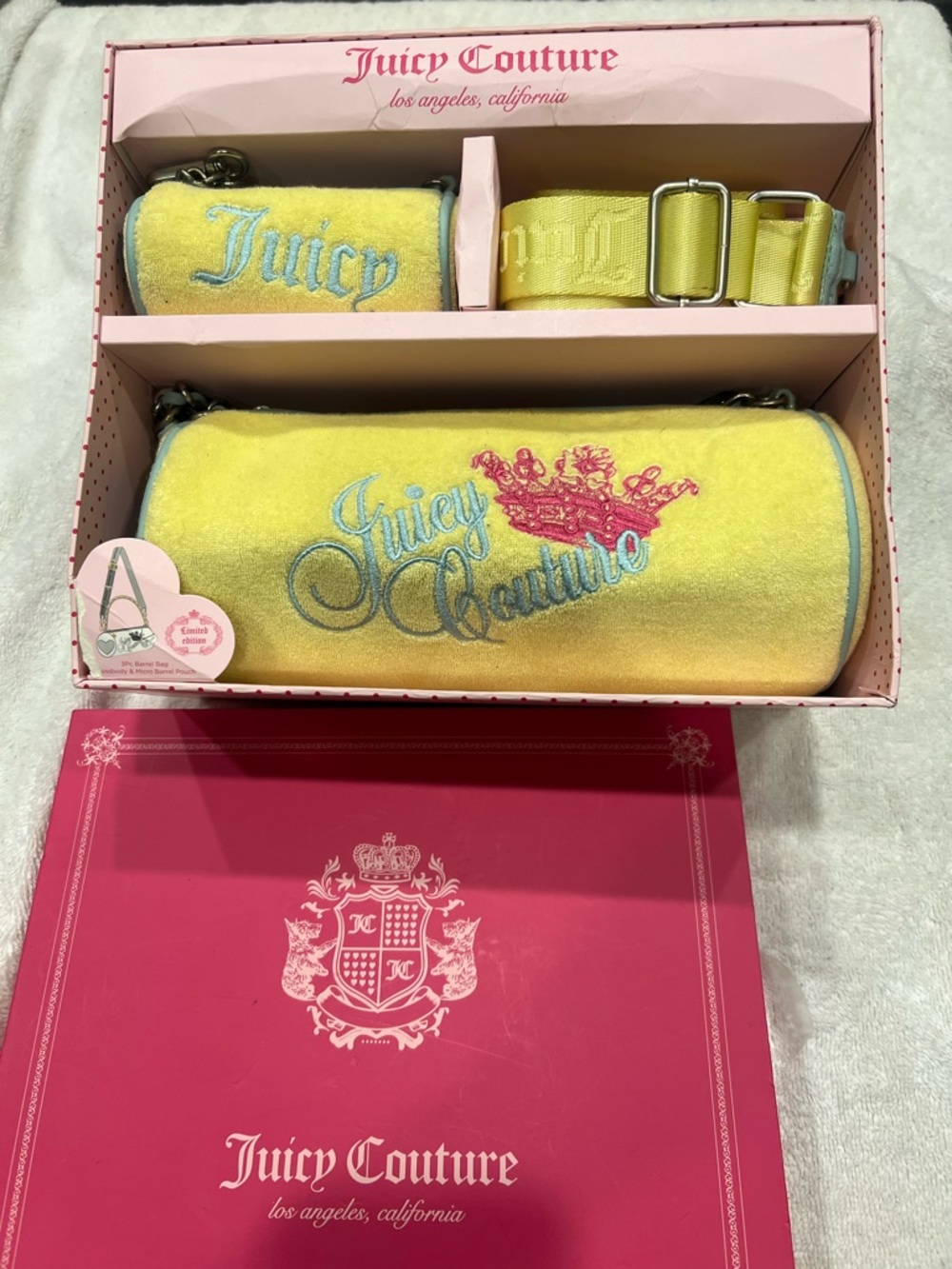 Juicy Couture Limited Edition 3-piece Yellow Terry Barrel Bag & Accessories - Picture 1 of 13